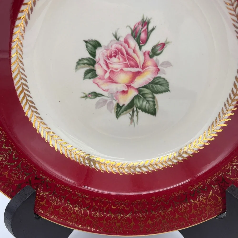 Homer Laughlin Lady Stratford Soup Bowl Set 4 Maroon Red Gold Rose Vintage
